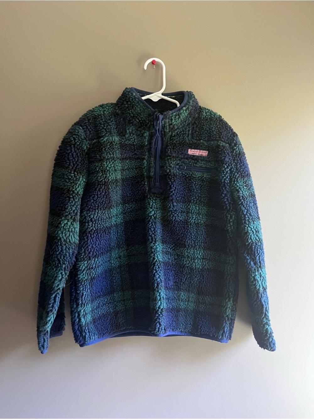 Vineyard Vines Tartan green blue Kids Fleece pullover shirt half zip medium
